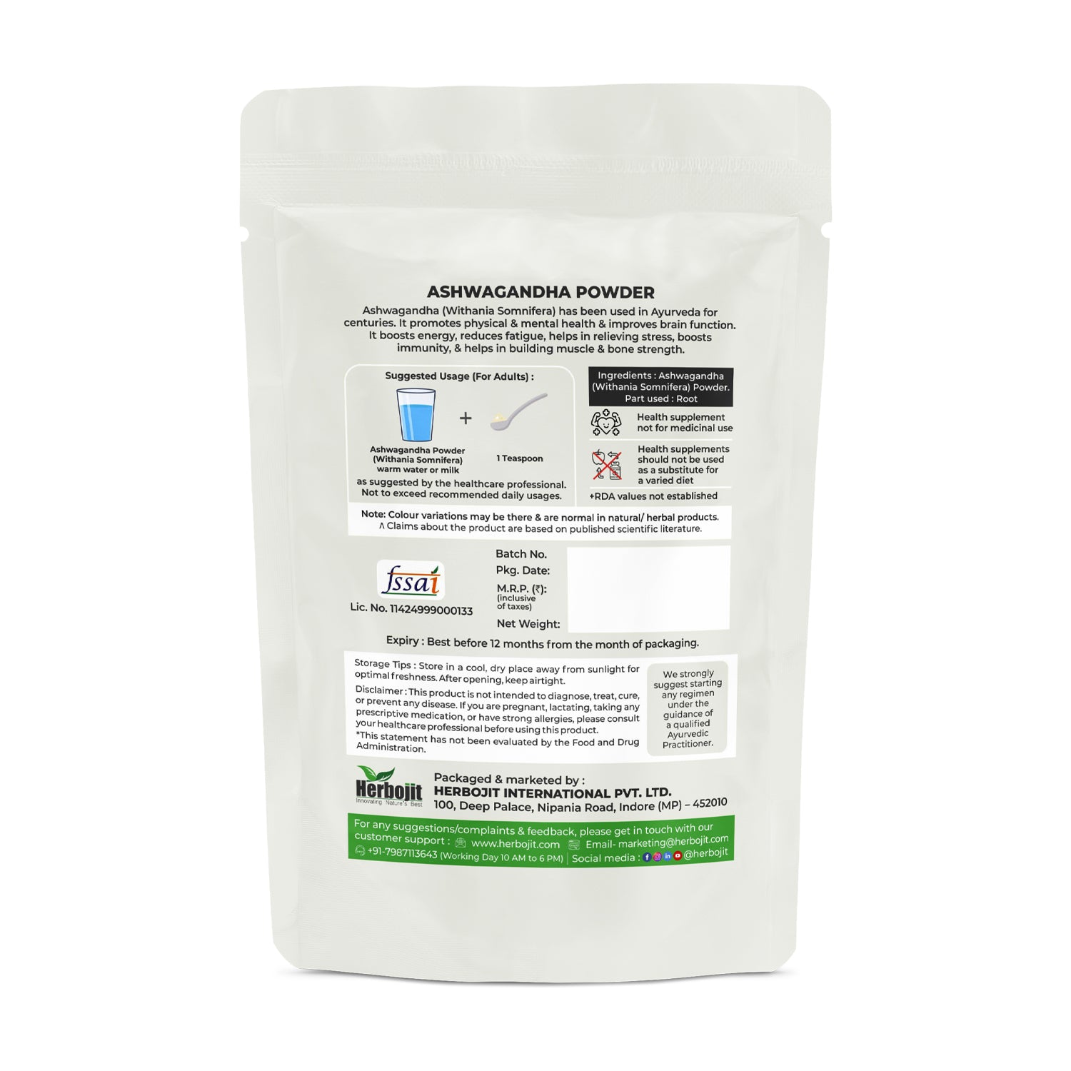 Herbojit Ashwagandha Powder - 100% Natural & Vegan, Gluten-Free, 250g | Pure Ashwagandha Root Powder for Stress Relief, Immunity & Vitality | No Preservatives - Alchemy Tradex