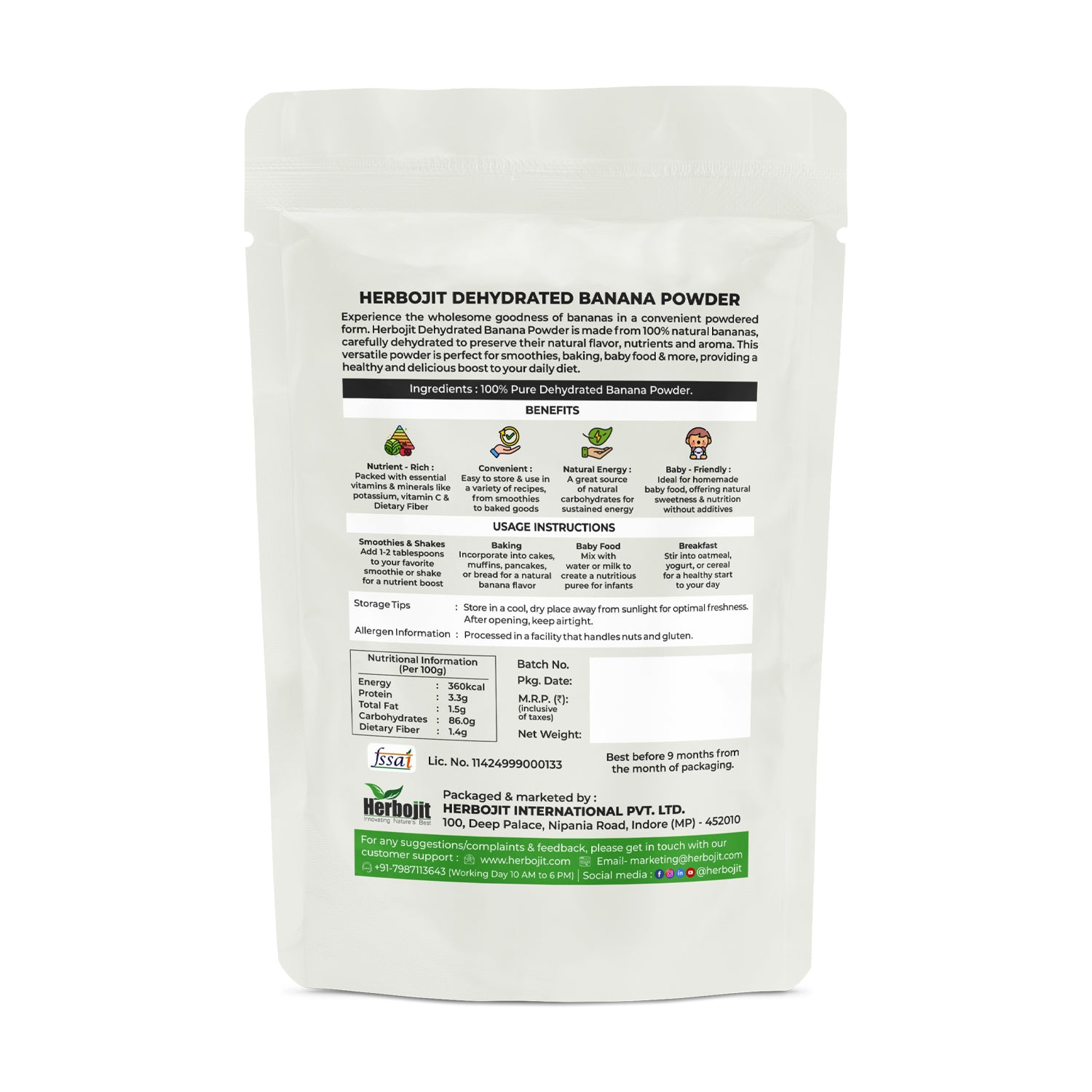Herbojit 100% Natural Dehydrated Banana Powder - Gluten-Free, Rich in Potassium & Fiber, 250g | No Added Sugar, Preservative-Free | Ideal for Baby Food, Smoothies, Baking & Cooking