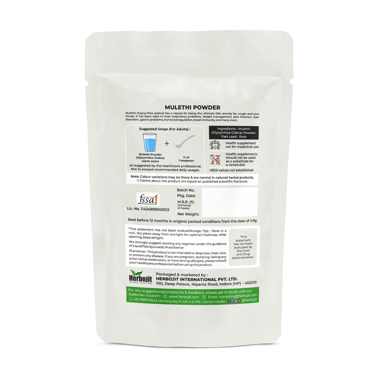 Herbojit- Mulethi Powder 250g - 100% Natural, Vegan & Gluten-Free | No Preservatives | Premium Licorice Root Powder from India - Alchemy Tradex