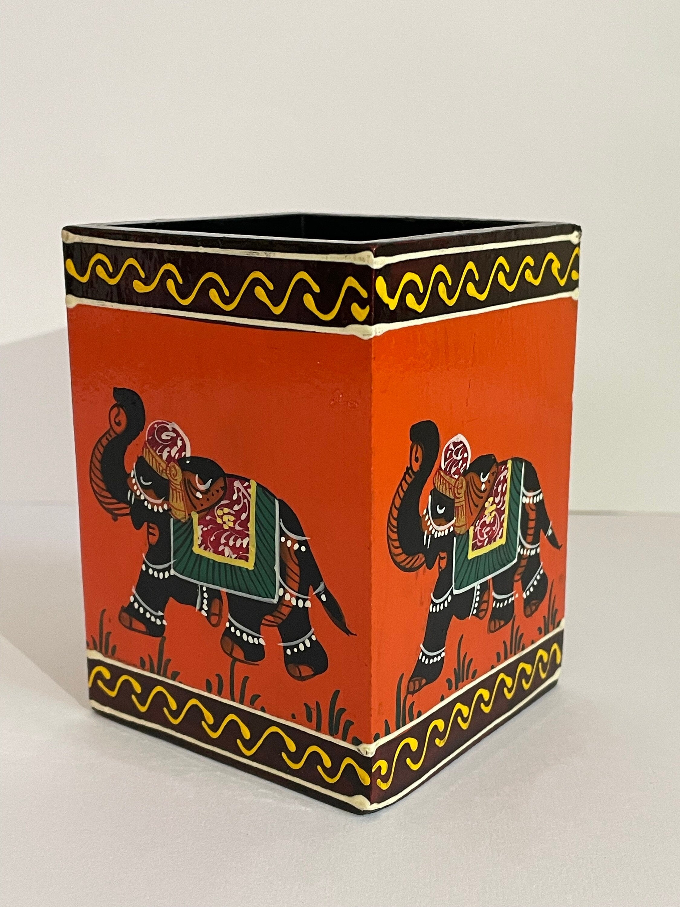 Hand-Painted Elephant Pen Stand | Wooden Orange Desk Organizer | 10cm | Exquisite Artistic Decor, Office Gift - Alchemy Tradex