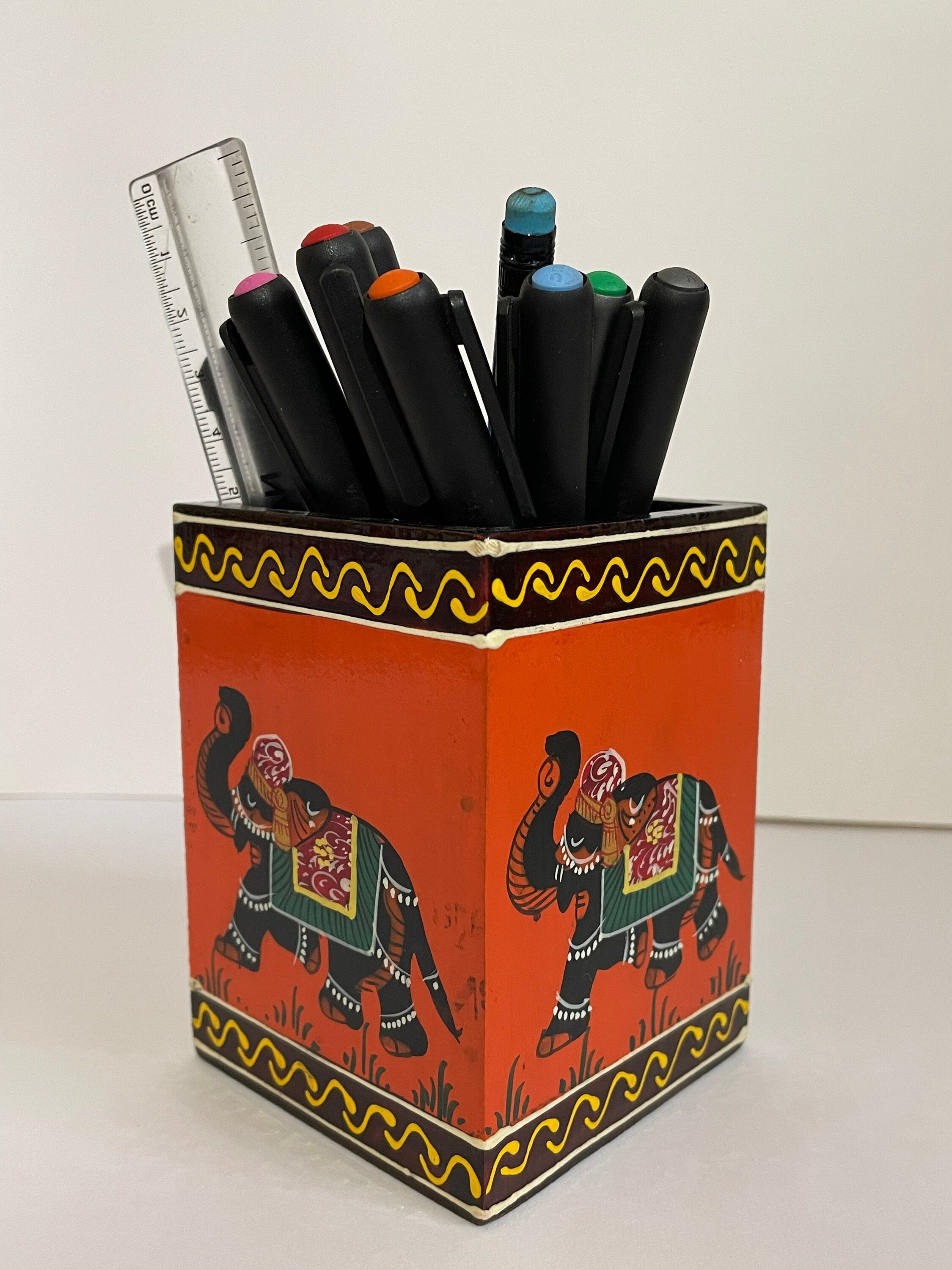 Hand-Painted Elephant Pen Stand | Wooden Orange Desk Organizer | 10cm | Exquisite Artistic Decor, Office Gift - Alchemy Tradex