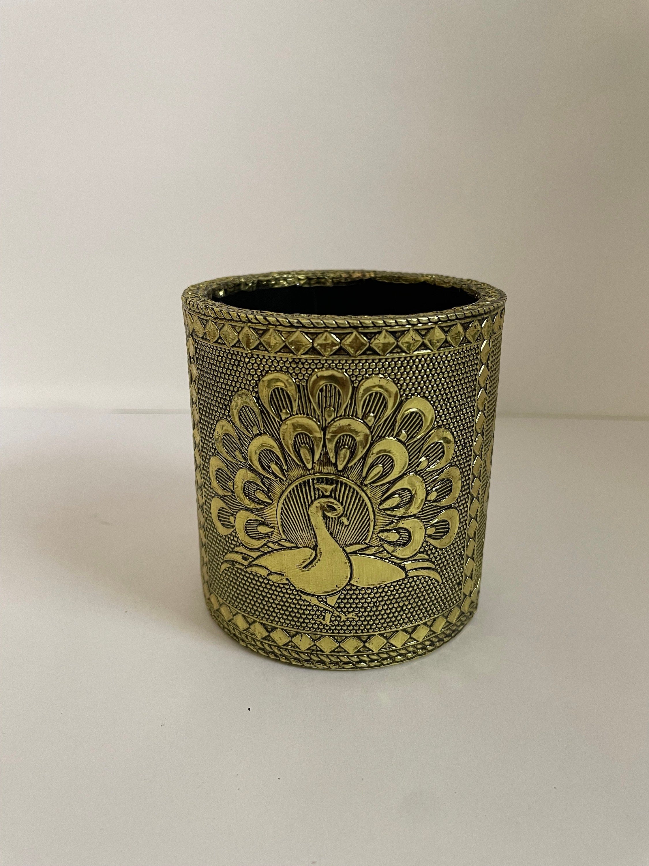Handcrafted Wooden Desk Organizer with Regal Peacock Design | Gold-Plated Accents | 8.5cm Exquisite Decor | Unique Gift - Alchemy Tradex