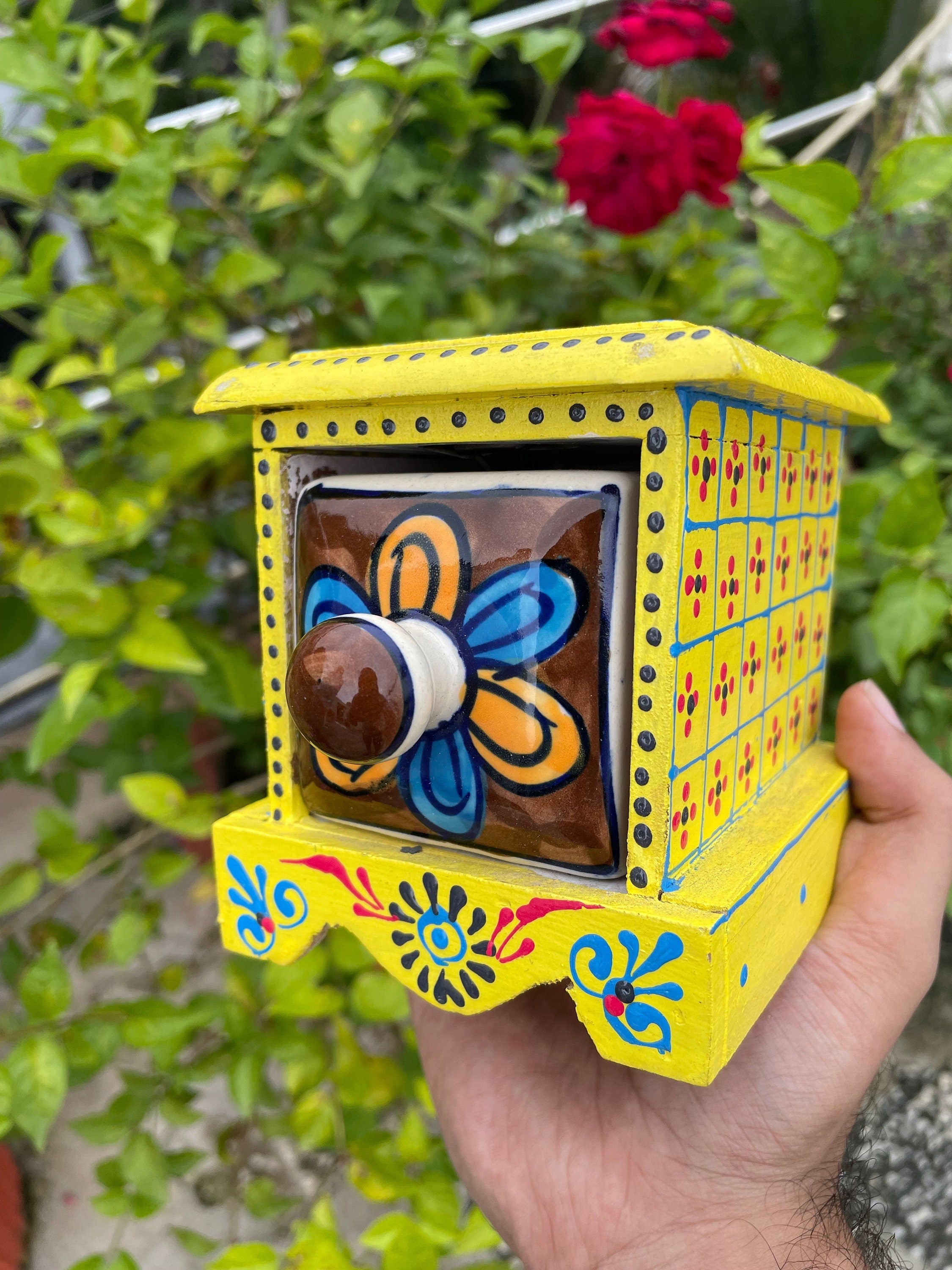 Handpainted Wood and Ceramic Drawer Jewellery Box | 8x9.5x9.5 cm | Trinket Storage | Keepsake Chest | Jewellery Organizer | Unique Gift Idea - Alchemy Tradex