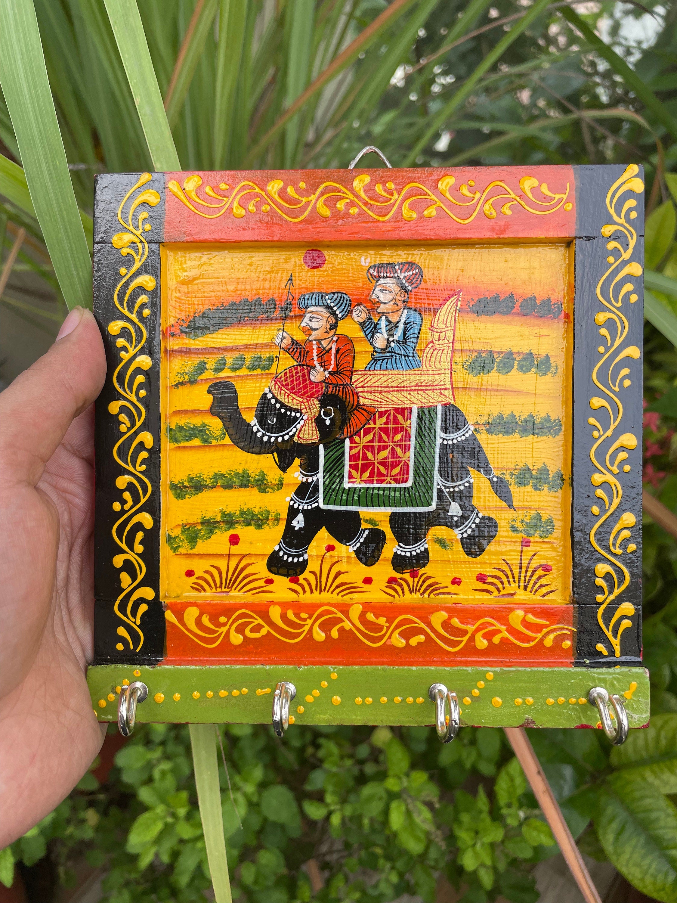 Rajasthani Vintage Wooden Hand-Painted Key Hanger Hook | Decorative Wall Display with 4 Hooks | Home, Office Gift | 15x15 cm - Alchemy Tradex
