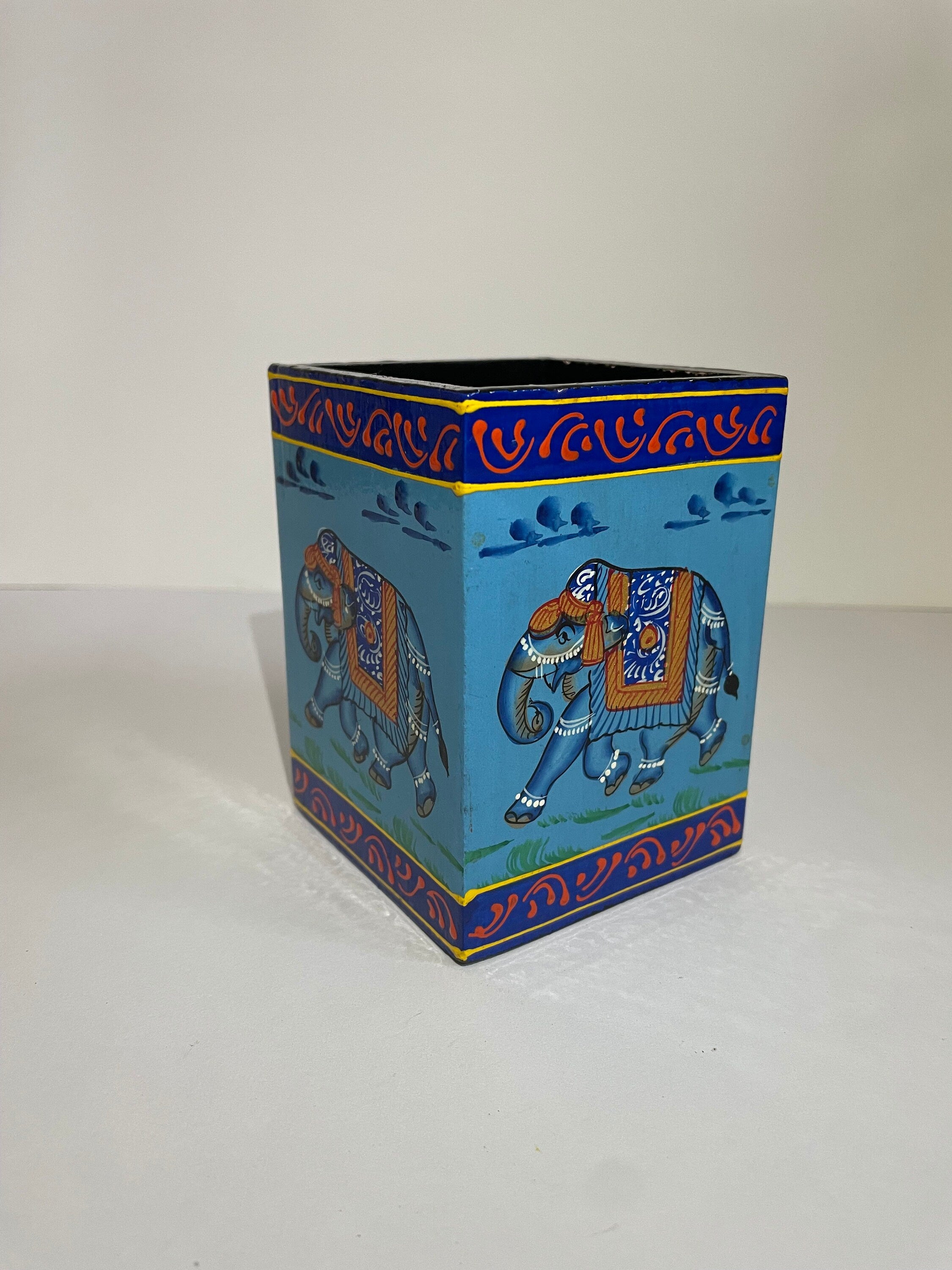 Hand-Painted Elephant Pen Stand | Wooden Orange Desk Organizer | 10cm | Exquisite Artistic Decor, Office gifts - Alchemy Tradex