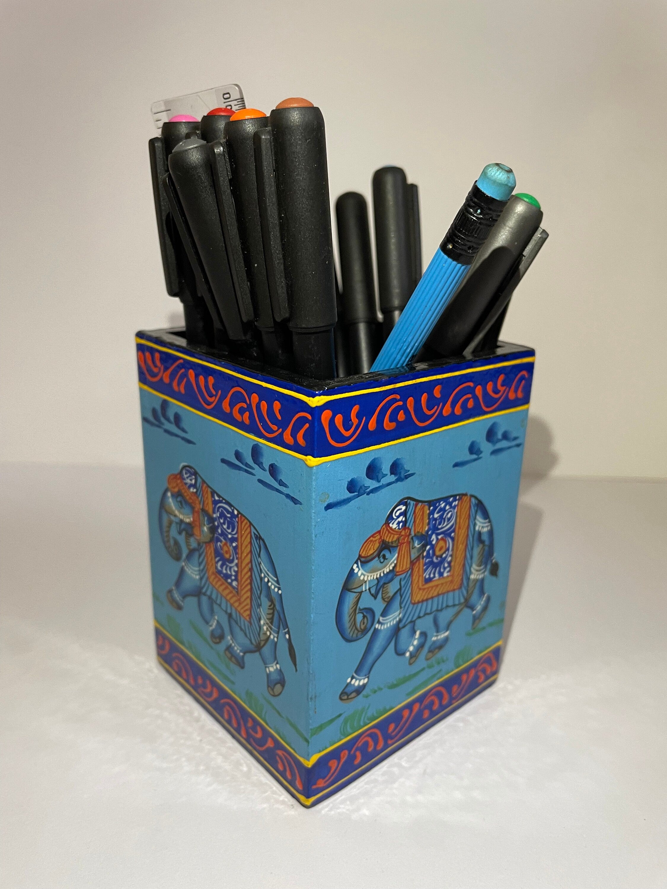 Hand-Painted Elephant Pen Stand | Wooden Orange Desk Organizer | 10cm | Exquisite Artistic Decor, Office gifts - Alchemy Tradex