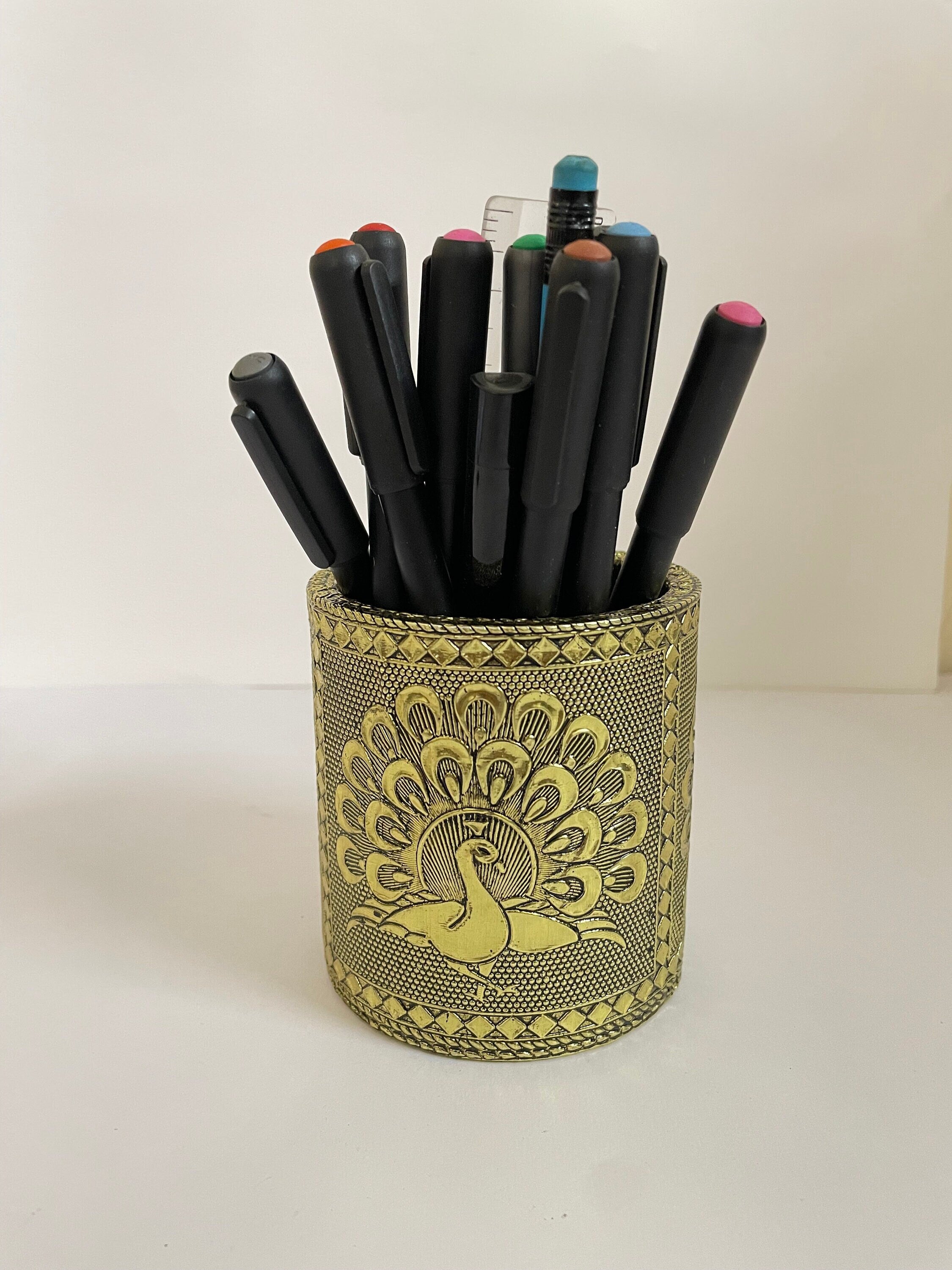 Handcrafted Wooden Desk Organizer with Regal Peacock Design | Gold-Plated Accents | 8.5cm Exquisite Decor | Unique Gift - Alchemy Tradex