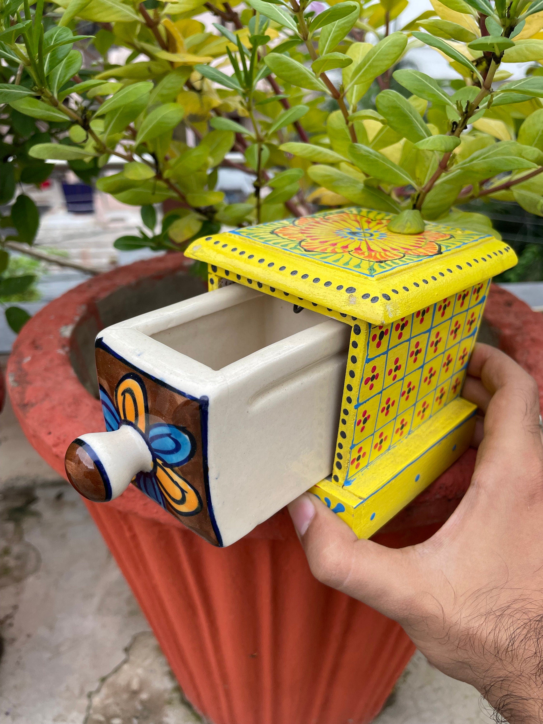 Handpainted Wood and Ceramic Drawer Jewellery Box | 8x9.5x9.5 cm | Trinket Storage | Keepsake Chest | Jewellery Organizer | Unique Gift Idea - Alchemy Tradex