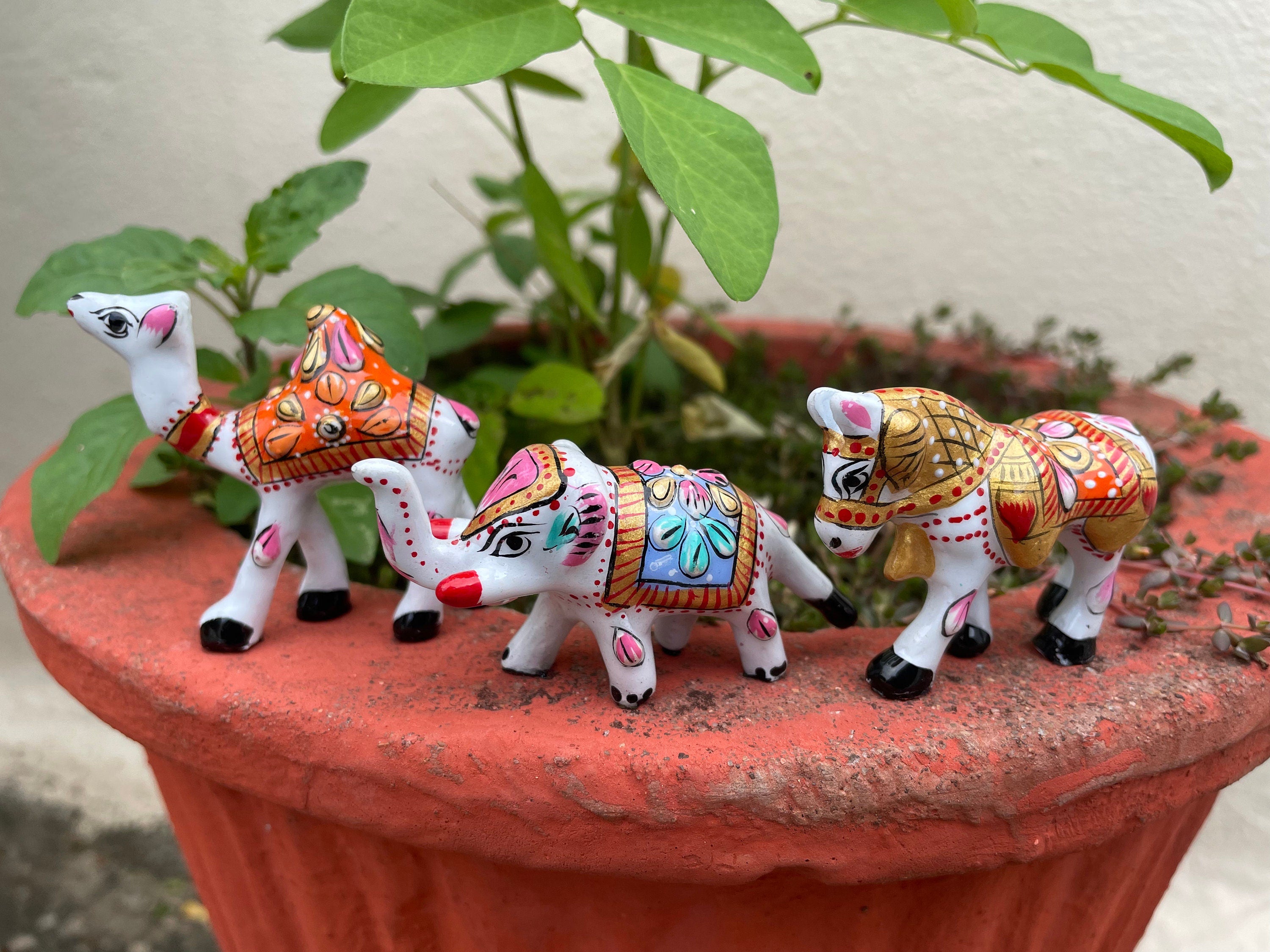 Indian Culture Trio: Elephant, Horse & Camel Showpieces 6x3 cm White Home Decor | Minakari Art | Panchaloha Craftsmanship, Housewarming gift - Alchemy Tradex