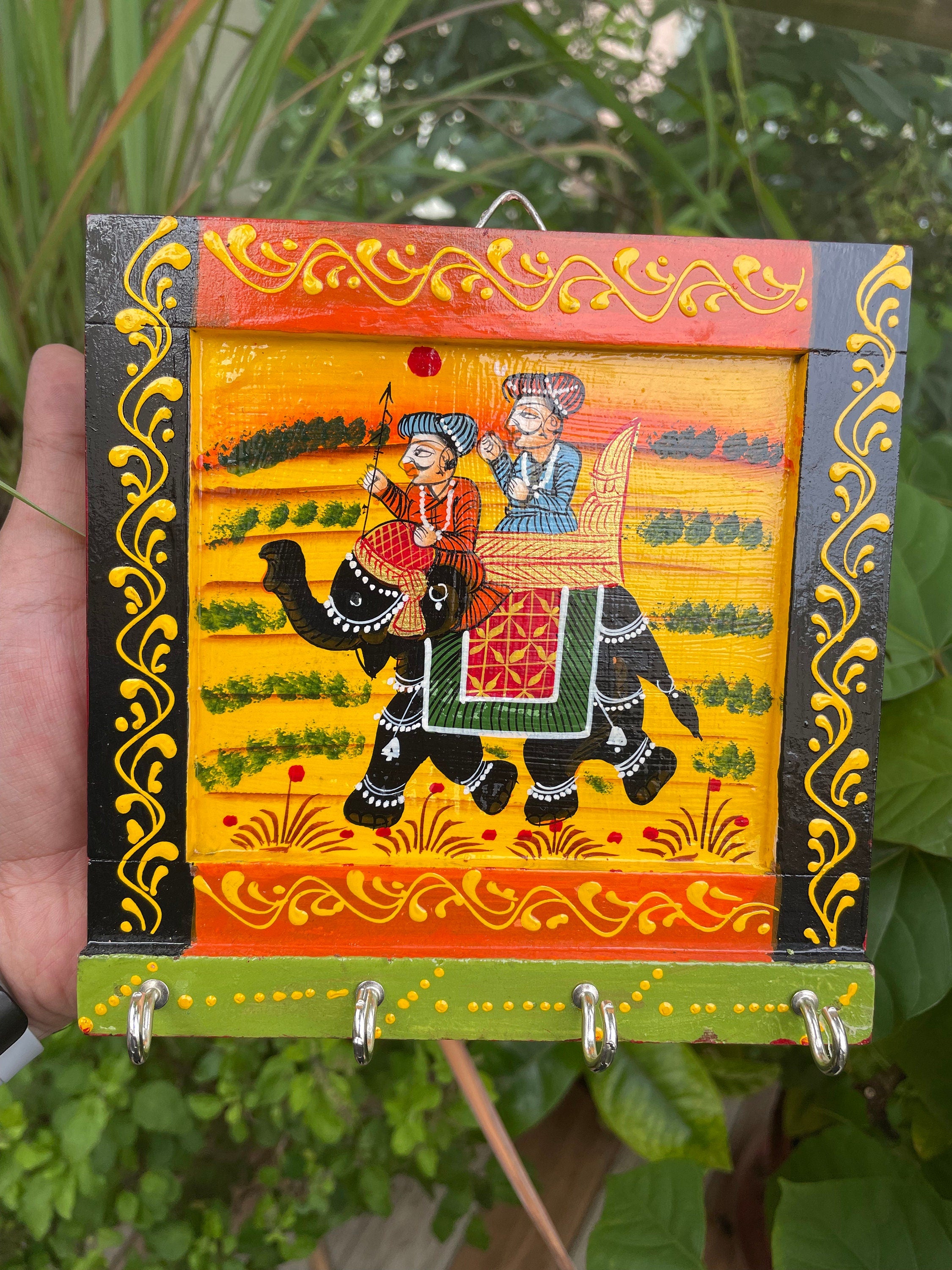Rajasthani Vintage Wooden Hand-Painted Key Hanger Hook | Decorative Wall Display with 4 Hooks | Home, Office Gift | 15x15 cm - Alchemy Tradex
