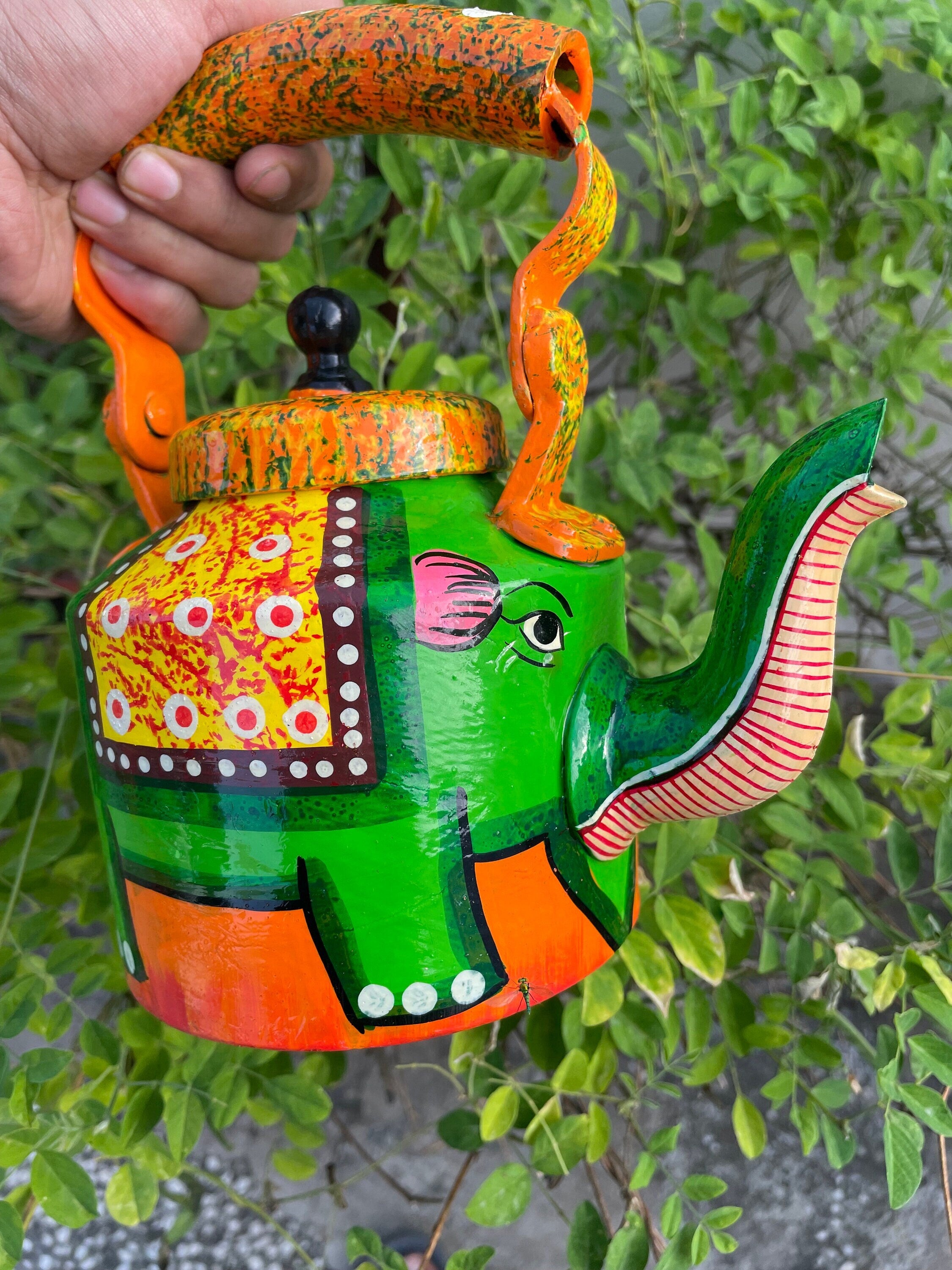Handpainted Elephant Serving Decor Kettle - 42 Oz - Aluminum - Perfect for Celebrations - Decorative Use - Housewarming gift - Unique gift - Alchemy Tradex