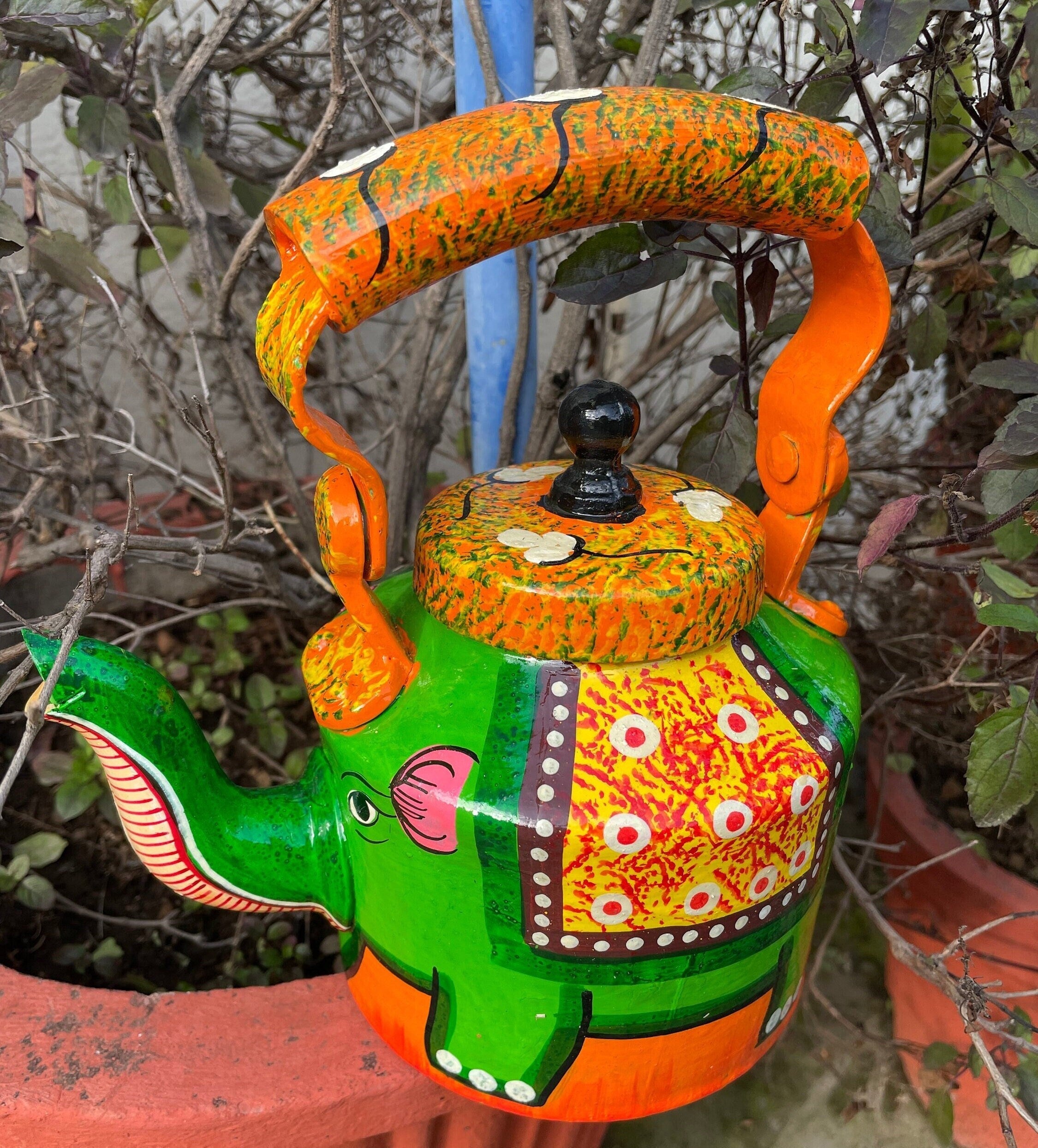Handpainted Elephant Serving Decor Kettle - 42 Oz - Aluminum - Perfect for Celebrations - Decorative Use - Housewarming gift - Unique gift - Alchemy Tradex