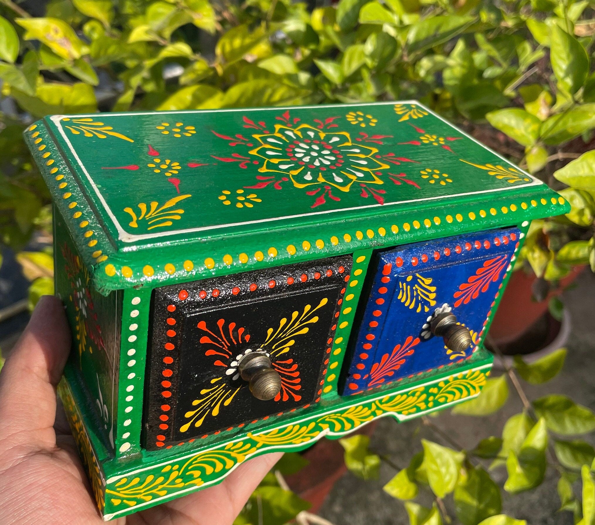 Handpainted Wood Dual Drawer Jewellery Box | 15x8.5x9 cm | Trinket Storage | Keepsake Chest | Jewellery Organizer | Unique Gift Idea - Alchemy Tradex