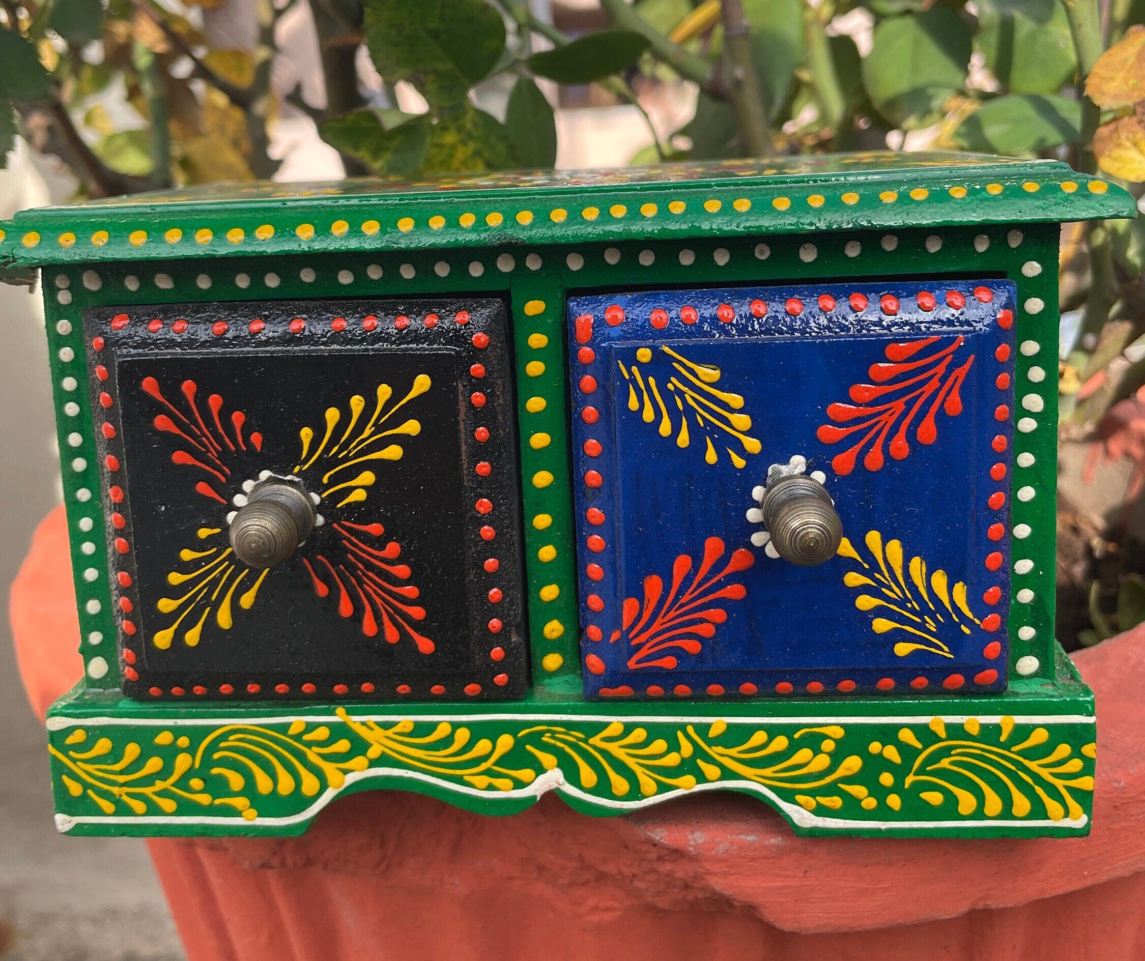 Handpainted Wood Dual Drawer Jewellery Box | 15x8.5x9 cm | Trinket Storage | Keepsake Chest | Jewellery Organizer | Unique Gift Idea - Alchemy Tradex