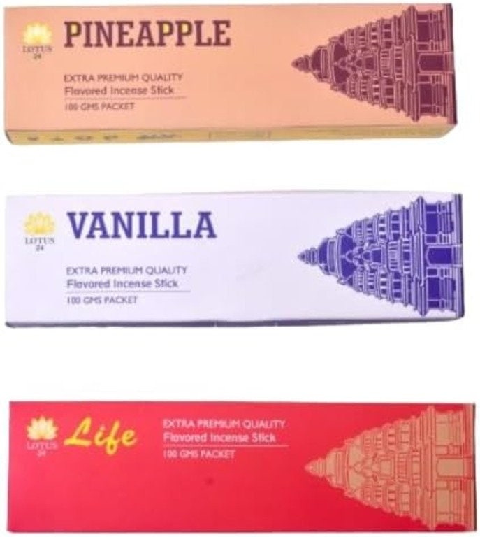 Natural & Organic Incense Sticks Set | 3 Fragrances - Life, Vanilla, Pineapple | 180 Sticks | Handmade Agarbatti - Alchemy Tradex