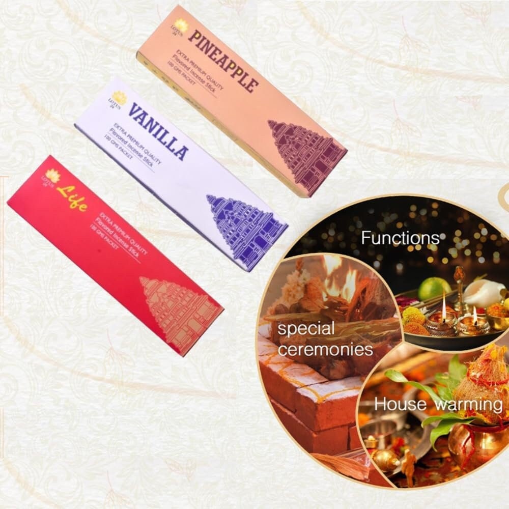Natural & Organic Incense Sticks Set | 3 Fragrances - Life, Vanilla, Pineapple | 180 Sticks | Handmade Agarbatti - Alchemy Tradex